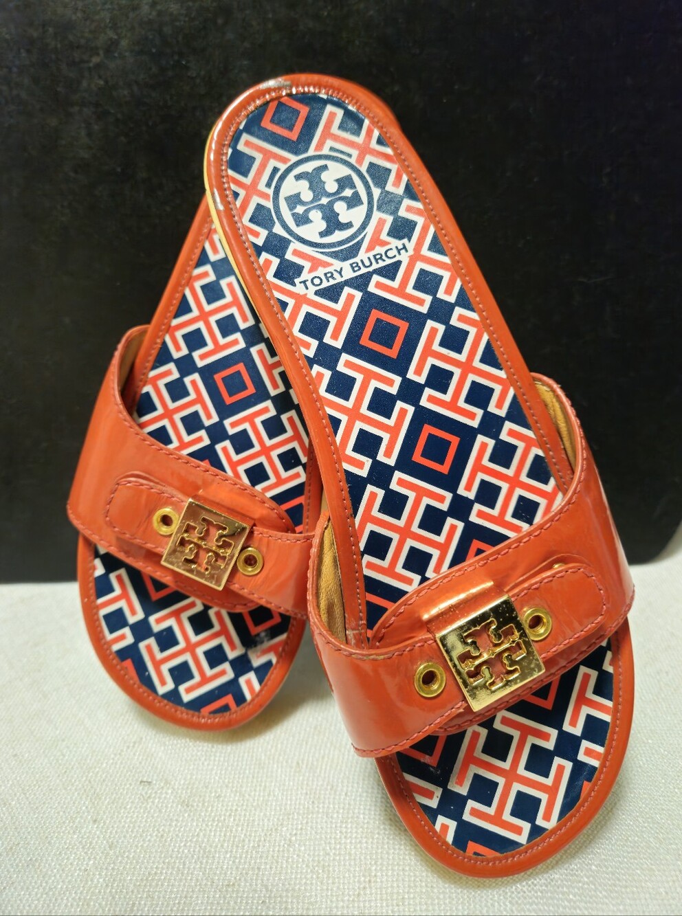 Tory Burch Vintage Orange Patent Leather Wooden Platform Clogs Slide Sandals 6.5
